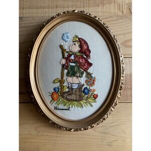 Framed Cross-stitch Cottage Core Hummel Large 12x9.5" Nursey Child Flower Nature